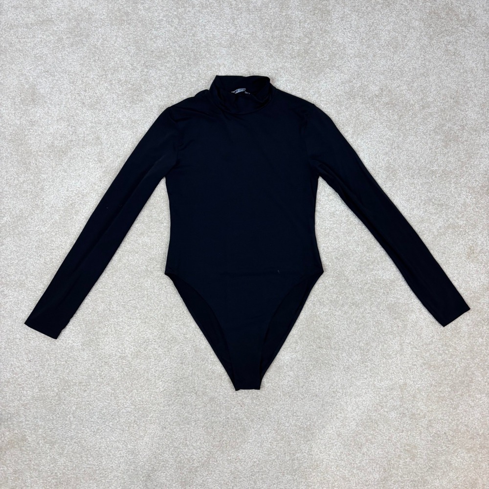 Zara Black Mock Neck Long Sleeve Bodysuit Womens Large Slim Fit Stretch Solid